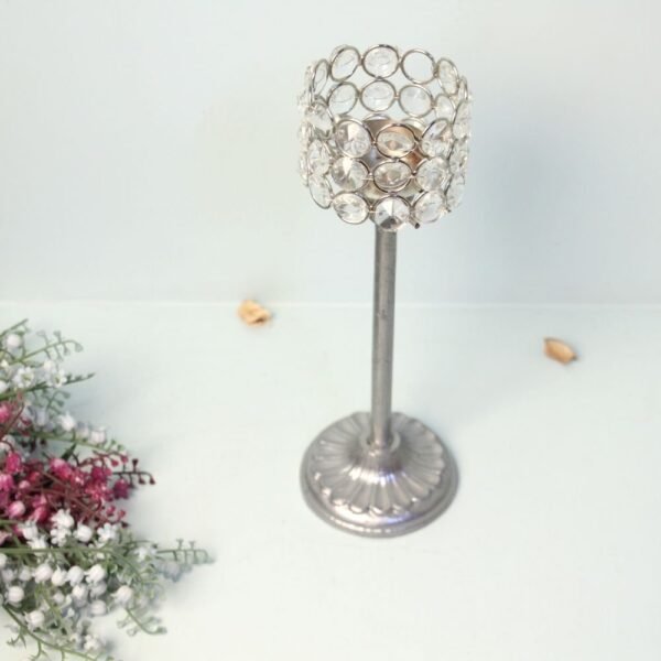31f54e6d-fc10-4eed-ac50-92504794df5d.jpg Elegant Crystal Votive Candlestick - 9.5 ′′ Tall Silver-Toned Centerpiece