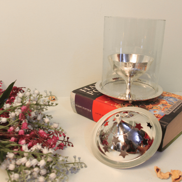 Modern Glass and Metal Diya Holder - 7  ′′   Silver Finish Candle Enclosure